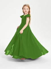 Delicate Chiffon Junior Bridesmaid Gown Flutter Sleeves V-neck Moss