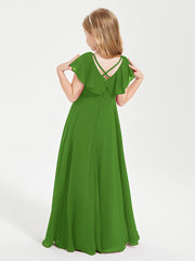 Delicate Chiffon Junior Bridesmaid Gown Flutter Sleeves V-neck Moss