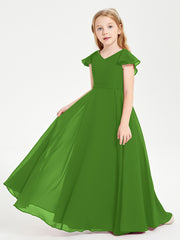 Delicate Chiffon Junior Bridesmaid Gown Flutter Sleeves V-neck Moss