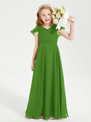 Delicate Chiffon Junior Bridesmaid Gown Flutter Sleeves V-neck Moss