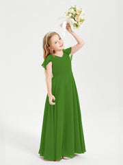 Delicate Chiffon Junior Bridesmaid Gown Flutter Sleeves V-neck Moss