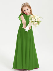 Delicate Chiffon Junior Bridesmaid Gown Flutter Sleeves V-neck Moss