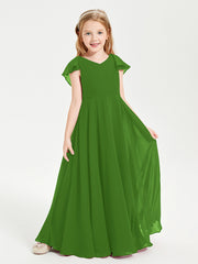 Delicate Chiffon Junior Bridesmaid Gown Flutter Sleeves V-neck Moss