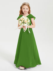 Delicate Chiffon Junior Bridesmaid Gown Flutter Sleeves V-neck Moss