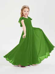 Delicate Chiffon Junior Bridesmaid Gown Flutter Sleeves V-neck Moss
