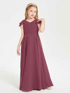 Delicate Chiffon Junior Bridesmaid Gown Flutter Sleeves V-neck Mulberry