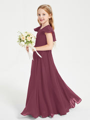Delicate Chiffon Junior Bridesmaid Gown Flutter Sleeves V-neck Mulberry