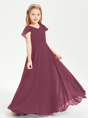 Delicate Chiffon Junior Bridesmaid Gown Flutter Sleeves V-neck Mulberry