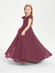 Delicate Chiffon Junior Bridesmaid Gown Flutter Sleeves V-neck Mulberry