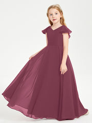 Delicate Chiffon Junior Bridesmaid Gown Flutter Sleeves V-neck Mulberry
