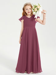Delicate Chiffon Junior Bridesmaid Gown Flutter Sleeves V-neck Mulberry