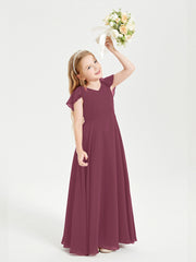 Delicate Chiffon Junior Bridesmaid Gown Flutter Sleeves V-neck Mulberry