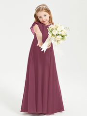 Delicate Chiffon Junior Bridesmaid Gown Flutter Sleeves V-neck Mulberry