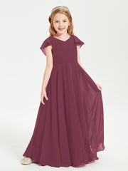 Delicate Chiffon Junior Bridesmaid Gown Flutter Sleeves V-neck Mulberry