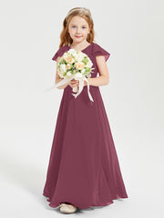 Delicate Chiffon Junior Bridesmaid Gown Flutter Sleeves V-neck Mulberry