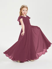 Delicate Chiffon Junior Bridesmaid Gown Flutter Sleeves V-neck Mulberry