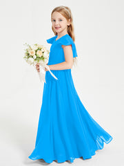 Delicate Chiffon Junior Bridesmaid Gown Flutter Sleeves V-neck Ocean Blue