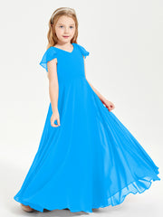Delicate Chiffon Junior Bridesmaid Gown Flutter Sleeves V-neck Ocean Blue