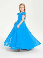 Delicate Chiffon Junior Bridesmaid Gown Flutter Sleeves V-neck Ocean Blue