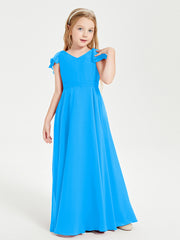 Delicate Chiffon Junior Bridesmaid Gown Flutter Sleeves V-neck Ocean Blue