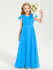 Delicate Chiffon Junior Bridesmaid Gown Flutter Sleeves V-neck Ocean Blue