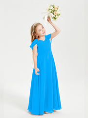 Delicate Chiffon Junior Bridesmaid Gown Flutter Sleeves V-neck Ocean Blue