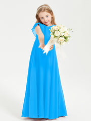 Delicate Chiffon Junior Bridesmaid Gown Flutter Sleeves V-neck Ocean Blue