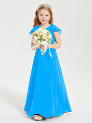 Delicate Chiffon Junior Bridesmaid Gown Flutter Sleeves V-neck Ocean Blue