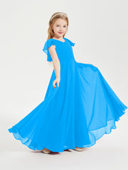 Delicate Chiffon Junior Bridesmaid Gown Flutter Sleeves V-neck Ocean Blue