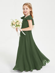 Delicate Chiffon Junior Bridesmaid Gown Flutter Sleeves V-neck Olive Green
