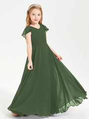 Delicate Chiffon Junior Bridesmaid Gown Flutter Sleeves V-neck Olive Green