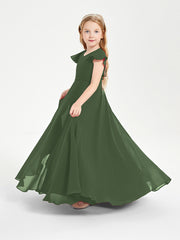 Delicate Chiffon Junior Bridesmaid Gown Flutter Sleeves V-neck Olive Green