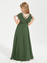 Delicate Chiffon Junior Bridesmaid Gown Flutter Sleeves V-neck Olive Green