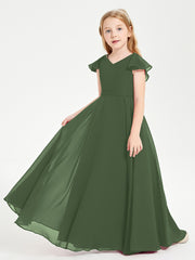 Delicate Chiffon Junior Bridesmaid Gown Flutter Sleeves V-neck Olive Green