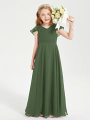 Delicate Chiffon Junior Bridesmaid Gown Flutter Sleeves V-neck Olive Green