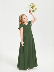 Delicate Chiffon Junior Bridesmaid Gown Flutter Sleeves V-neck Olive Green