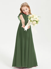 Delicate Chiffon Junior Bridesmaid Gown Flutter Sleeves V-neck Olive Green