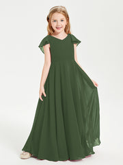 Delicate Chiffon Junior Bridesmaid Gown Flutter Sleeves V-neck Olive Green