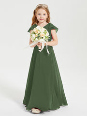 Delicate Chiffon Junior Bridesmaid Gown Flutter Sleeves V-neck Olive Green