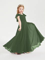 Delicate Chiffon Junior Bridesmaid Gown Flutter Sleeves V-neck Olive Green