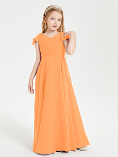 Delicate Chiffon Junior Bridesmaid Gown Flutter Sleeves V-neck Orange