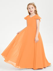 Delicate Chiffon Junior Bridesmaid Gown Flutter Sleeves V-neck Orange