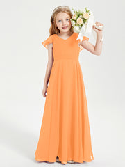 Delicate Chiffon Junior Bridesmaid Gown Flutter Sleeves V-neck Orange