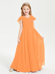 Delicate Chiffon Junior Bridesmaid Gown Flutter Sleeves V-neck Orange