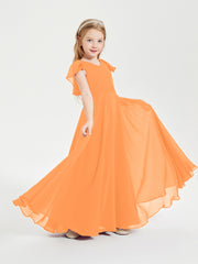 Delicate Chiffon Junior Bridesmaid Gown Flutter Sleeves V-neck Orange