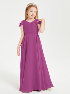 Delicate Chiffon Junior Bridesmaid Gown Flutter Sleeves V-neck Orchid