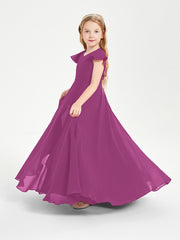 Delicate Chiffon Junior Bridesmaid Gown Flutter Sleeves V-neck Orchid