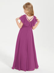 Delicate Chiffon Junior Bridesmaid Gown Flutter Sleeves V-neck Orchid