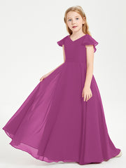 Delicate Chiffon Junior Bridesmaid Gown Flutter Sleeves V-neck Orchid