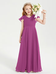 Delicate Chiffon Junior Bridesmaid Gown Flutter Sleeves V-neck Orchid